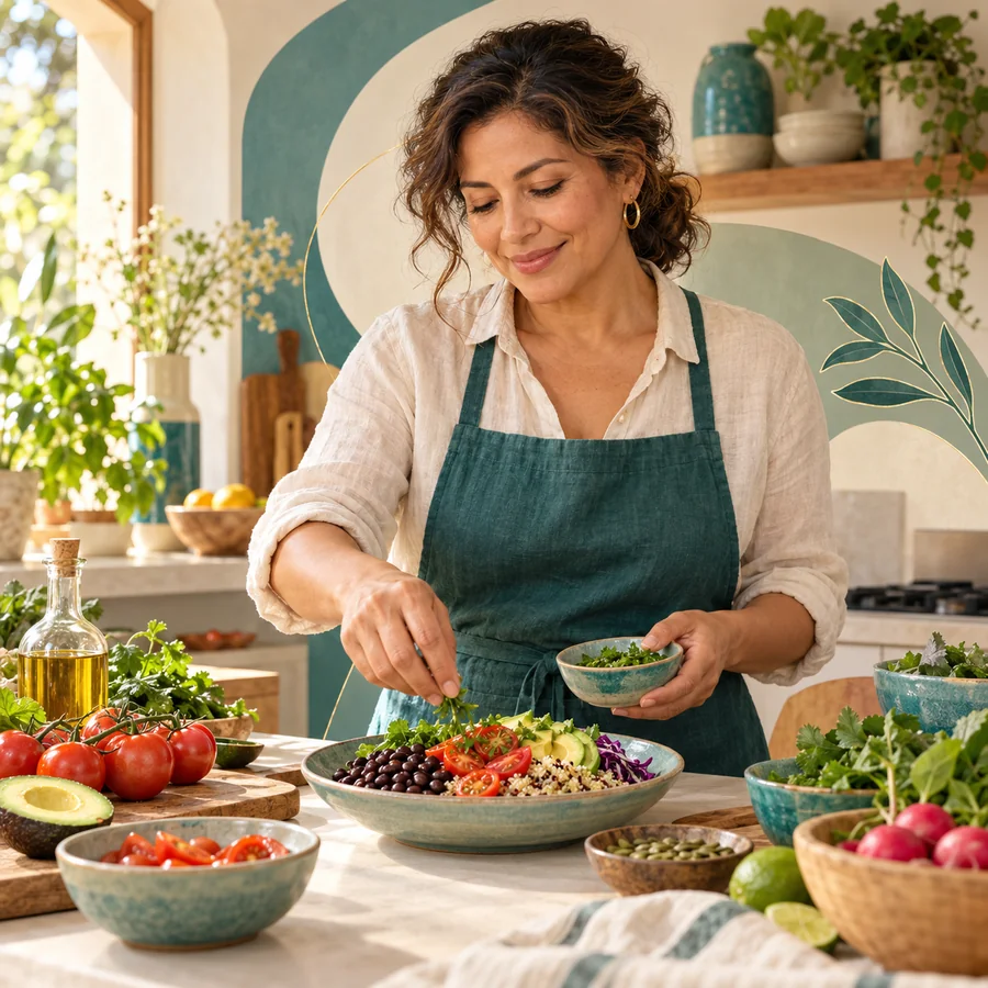 Ilustración editorial de una mujer preparando una comida colorida en su cocina, con acentos gráficos turquesa