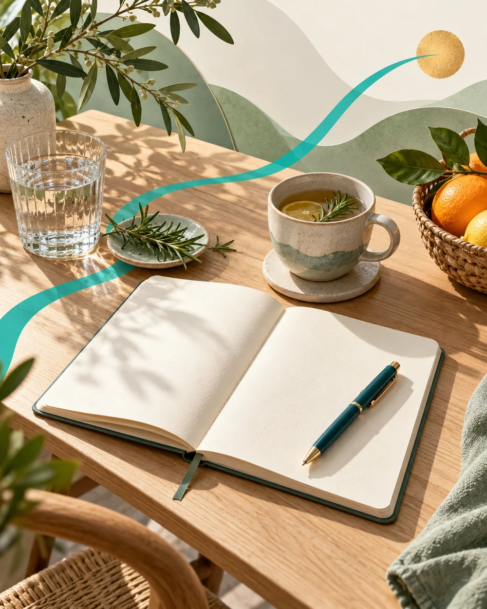 Ilustración artística de un cuaderno, una taza y elementos cotidianos unidos por un trazo turquesa que representa un recorrido