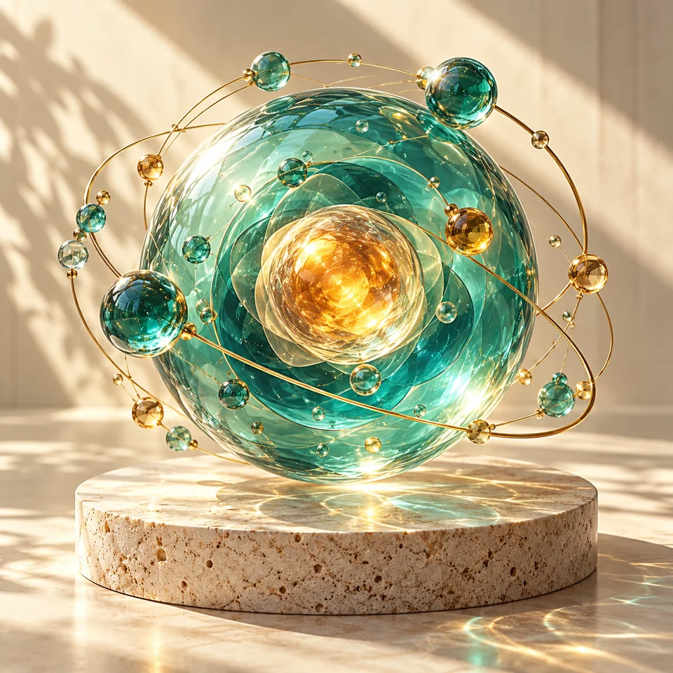 Ilustración conceptual de una esfera celular de cristal turquesa con núcleo ámbar y trayectorias que evocan el intercambio de energía