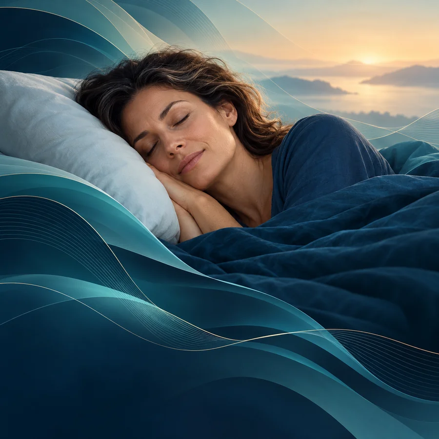 Mujer descansando sobre una almohada, con pliegues y contornos ilustrados en tonos azules