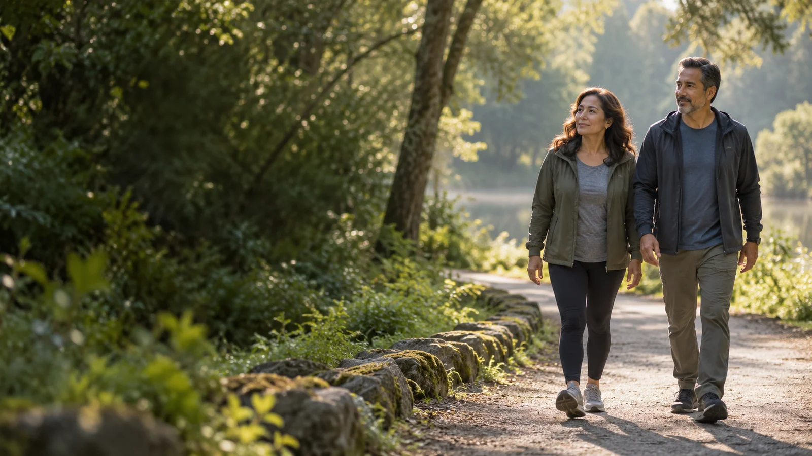 Dos adultos caminando al aire libre en un parque al amanecer