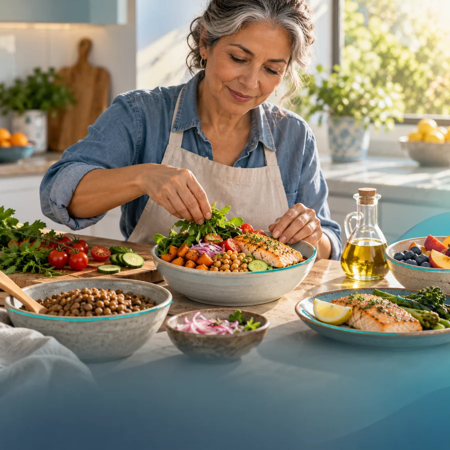 Escena de una mujer preparando una comida variada con legumbres, verduras y pescado