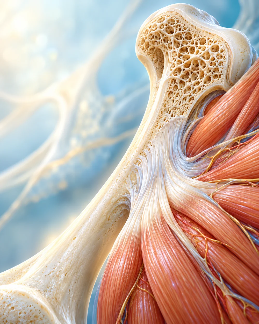 Ilustración conceptual de hueso, tejido muscular y tendones en tonos marfil, coral y azul