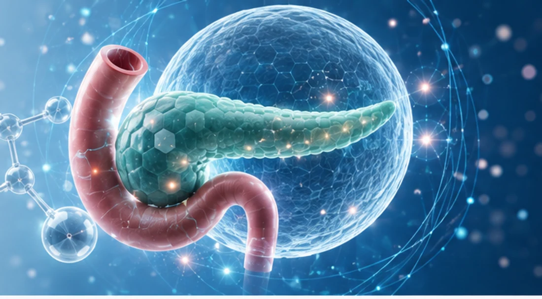 Ilustración médica del páncreas en un entorno celular y metabólico