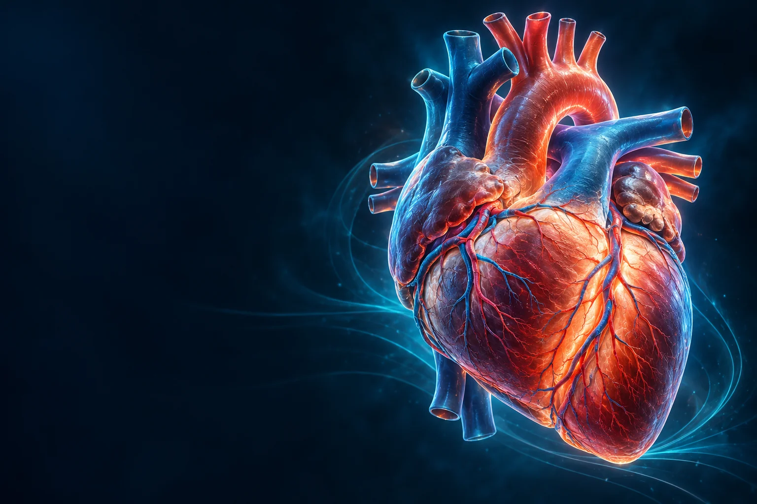 Ilustración médica cinematográfica de un corazón humano y sus vasos coronarios