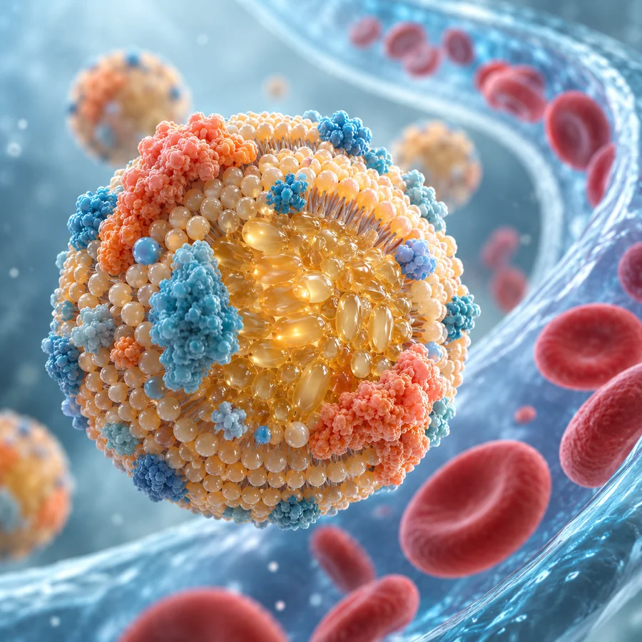 Representación microscópica conceptual de una lipoproteína en la circulación