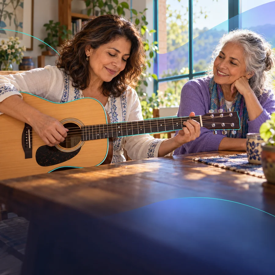Escena de una mujer aprendiendo una melodía de guitarra junto a una amiga, con trazos suaves de aspecto vectorial