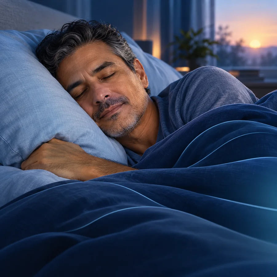 Escena de un hombre descansando en una habitación tranquila, con pliegues azules y acentos ilustrados