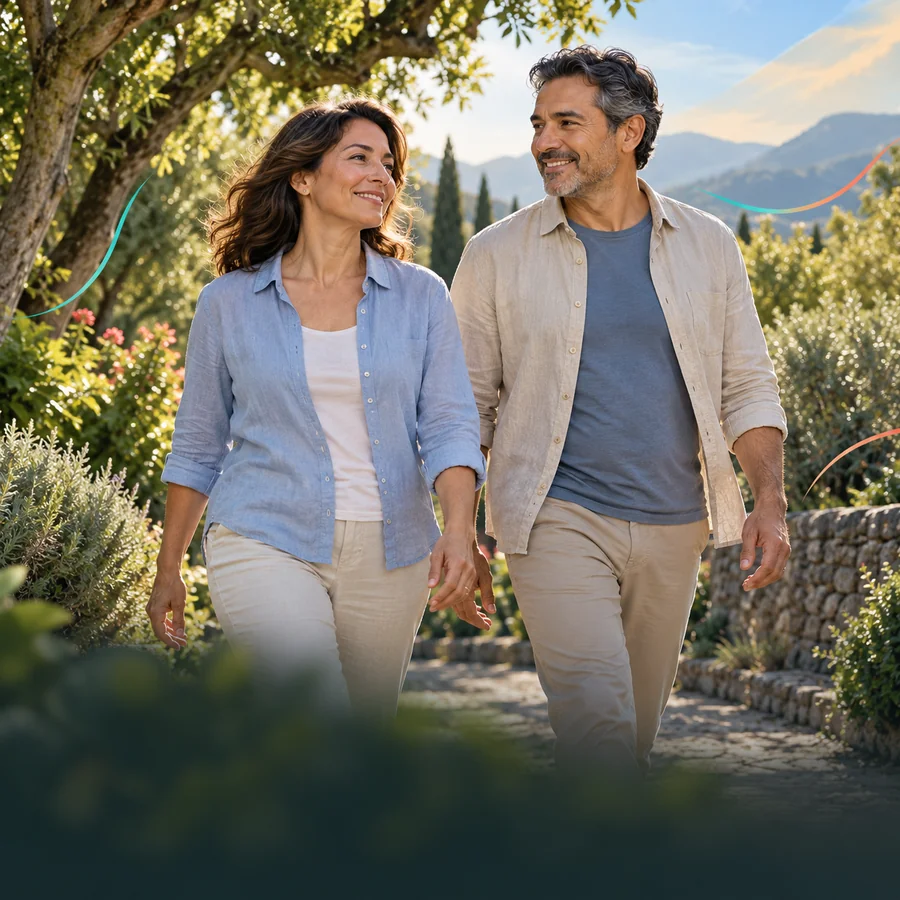 Escena de dos adultos caminando por un jardín, con fotografía realista y contornos turquesa