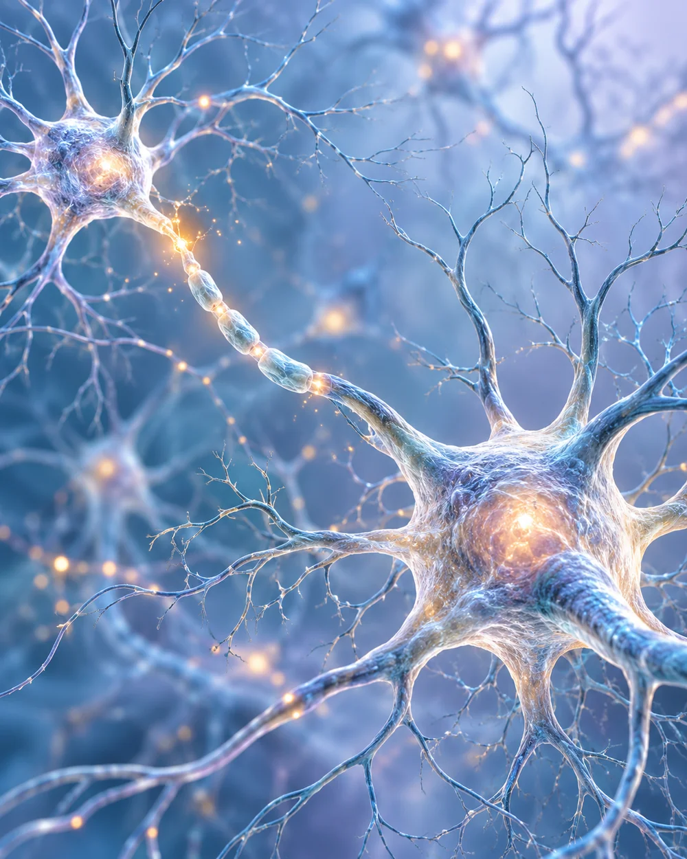 Ilustración conceptual de neuronas y sus conexiones en tonos azul, lavanda y ámbar