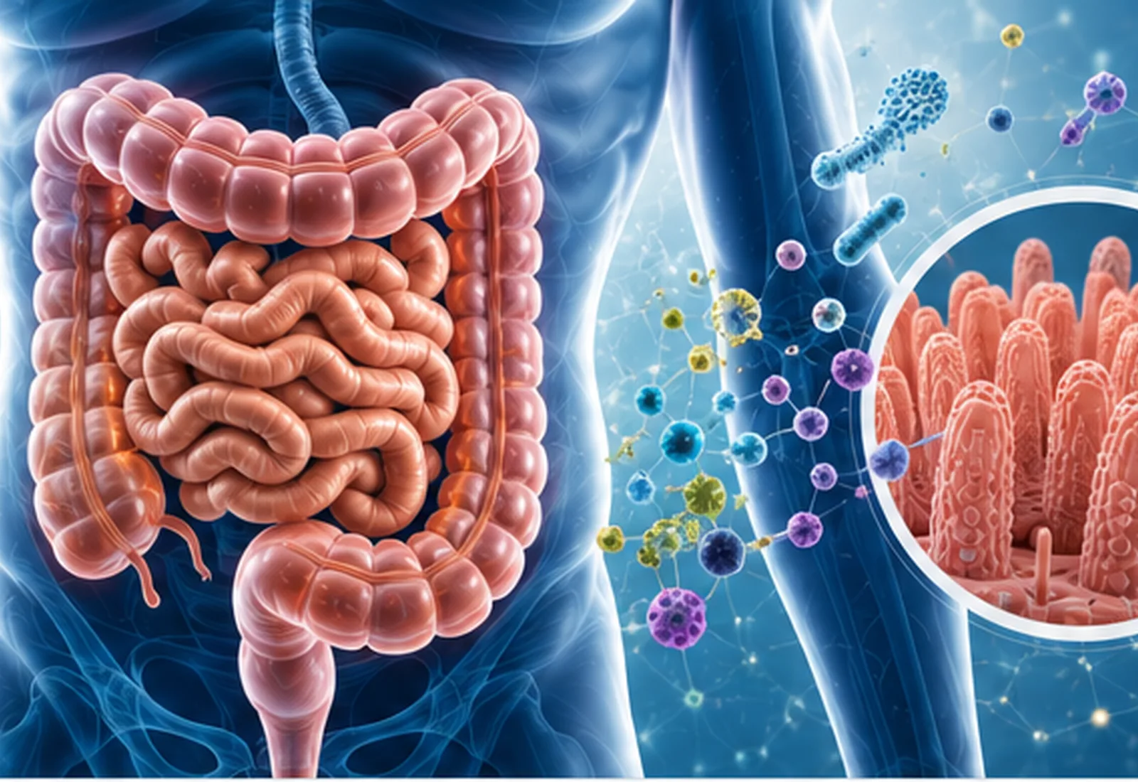 Ilustración médica 3D del intestino y su entorno microbiano